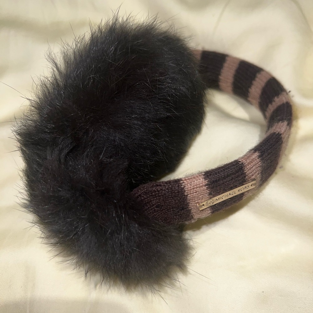 Michael Kors Black and Tan Striped Earmuffs